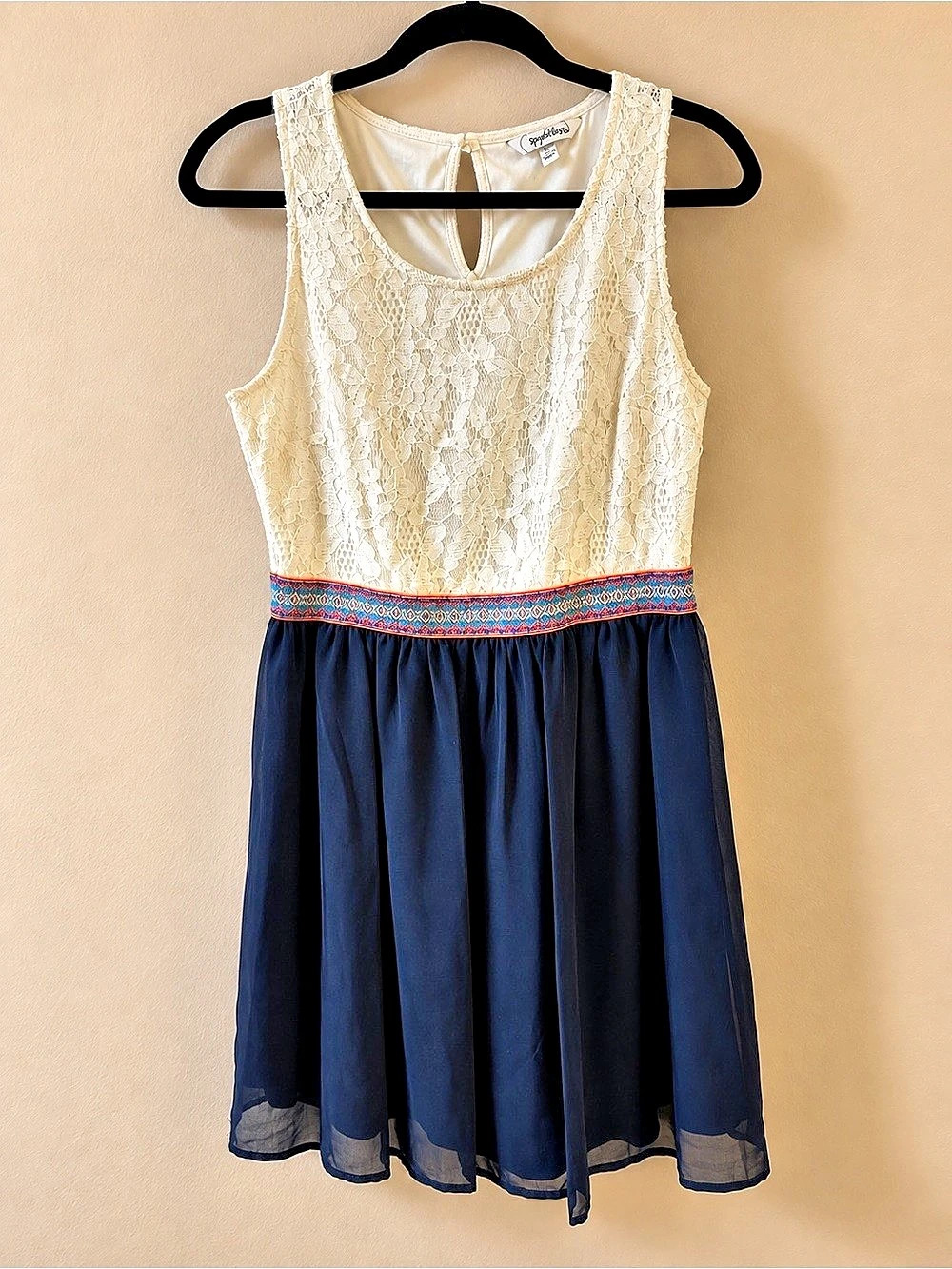 Speechless Lace Bodice Mini Dress in Blue & White Large Like New